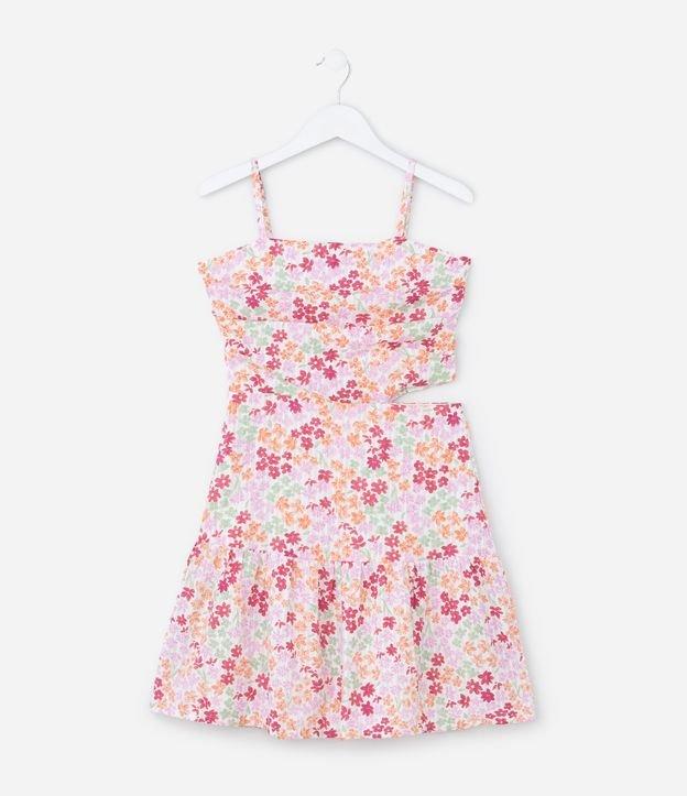 Vestido Infantil Maquinetado com Cut Out e Estampa Floral - Tam 7 a 14 Anos - 1
