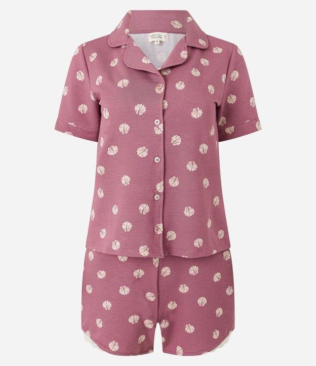 Pijama Short Doll Americano em Viscose com Estampa de Conchas e Detalhe Rendinha - 1