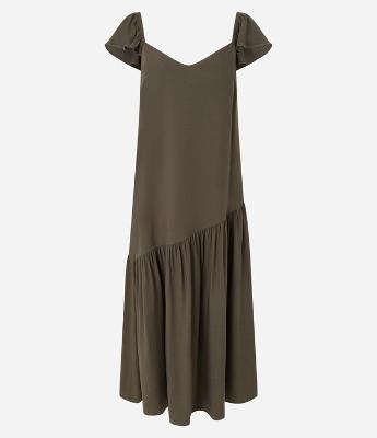 Vestido Longo em Chalis com Babado Assimétrico