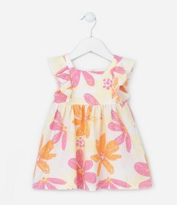 Vestido Infantil com Estampa Floral e Textura - Tam 0 a 18 Meses