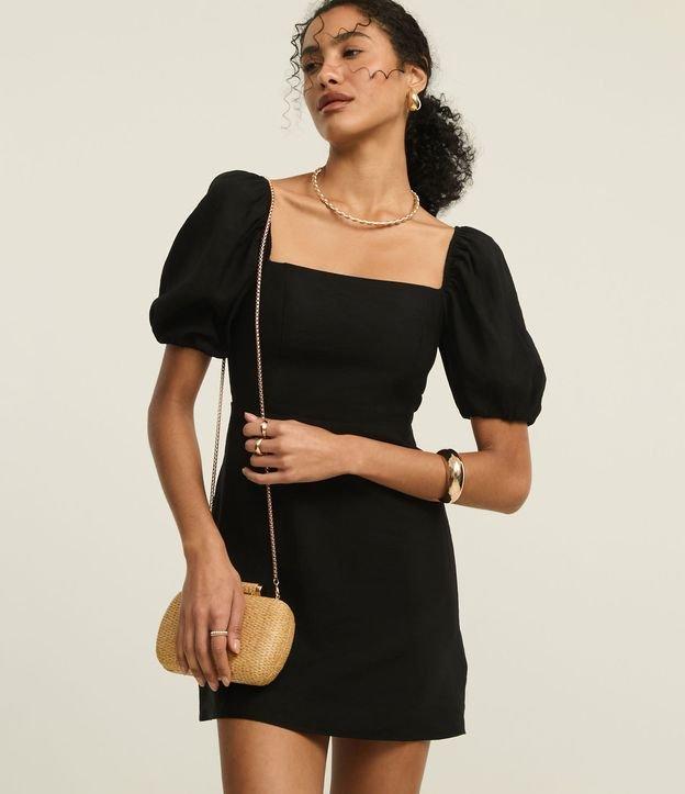 Vestido Reto Curto em Tricoline com Manga Bufante - 2