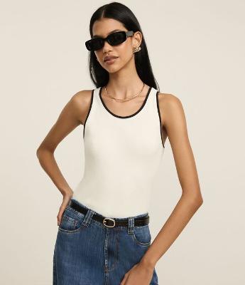 Blusa Regata em Ribana com Acabamento Contrastante