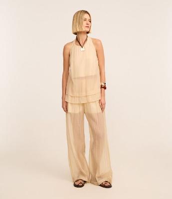 Calça Wide Leg em Liocel com Cintura Alta e Textura