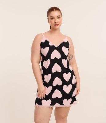 Camisola de Alcinha com Estampa de Coração e Renda Curve & Plus Size