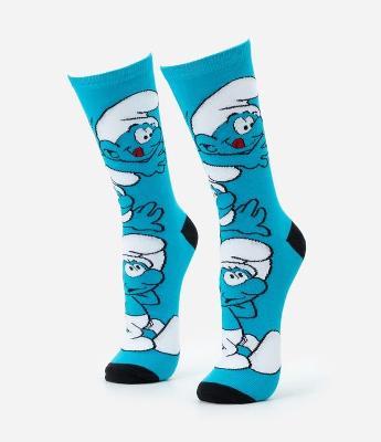 Meia Cano Alto em Algodão com Estampa dos Smurfs