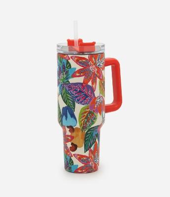 Copo Térmico em Metal com Canudo Reutilizável e Estampa Floral 1,200ml