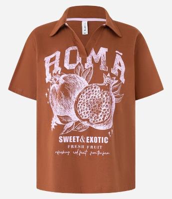 Camiseta Oversized em Algodão com Estampa de Romã e Gola Polo