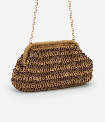 Bolsa Clutch Grande em Ráfia e Alça de Corrente