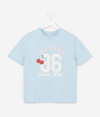 Camiseta Over Infantil com Estampa de Cereja e Lettering California - Tam 5 a 14 Anos