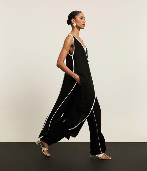 Calça Wide Leg Cintura Alta em Viscose com Listras Contrastantes - 2