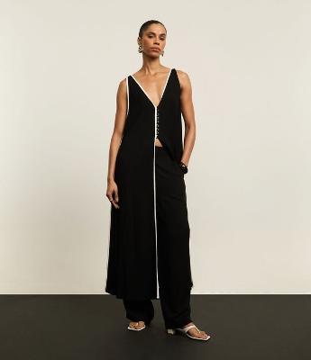 Calça Wide Leg Cintura Alta em Viscose com Listras Contrastantes