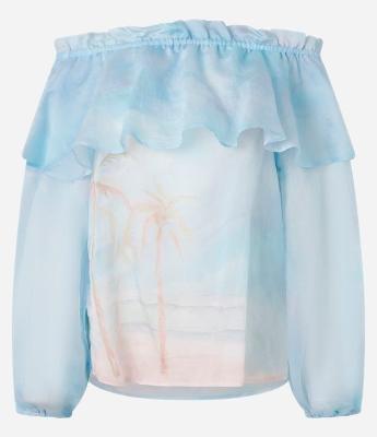 Blusa Ombro a Ombro em Voal com Estampa Tropical Degradê