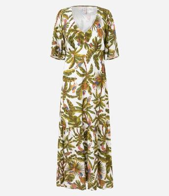 Vestido Longo em Chalis com Estampa Tropical e Botões