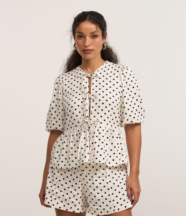 Camisa Peplum Alfaiatada com Manga Bufante e Estampa Poá - 1