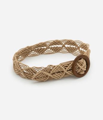Cinto Largo com Efeito Macrame com Fivela de Madeira Boho Romântico