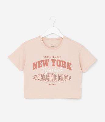 Camiseta Relaxed Infantil com Estampa Lettering New York - Tam 7 a 16 Anos