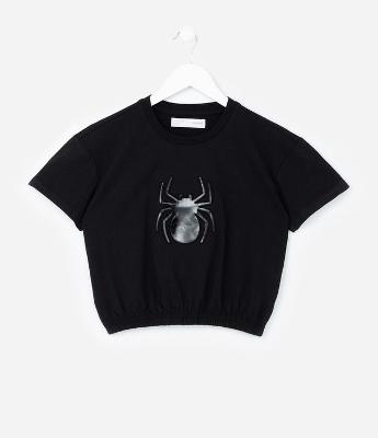 Camiseta Curta Infantil com Estampa Aranha em Foil - Tam 5 a 14 Anos
