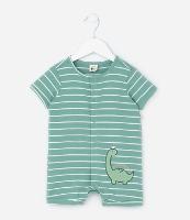 Macaquinho Infantil em  Suedine Listrado com Estampa Bordada de Dinossauro - Tam 0 a 18 Meses - 1