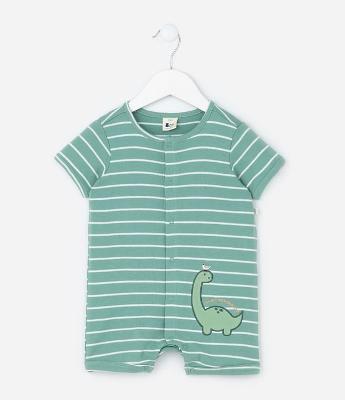 Macaquinho Infantil em  Suedine Listrado com Estampa Bordada de Dinossauro - Tam 0 a 18 Meses