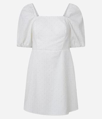 Vestido Curto em Tricoline Listrado com Manga Bufante e Brilhinhos