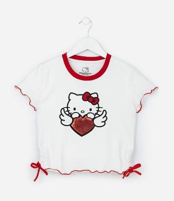 Camiseta Infantil com Lacinhos e Estampa Hello Kitty - Tam 5 a 14 Anos