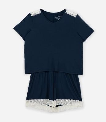 Pijama Curto em Viscolycra com Detalhe de Renda Contrastante Curve e Plus Size