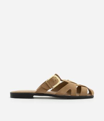 Sandália Rasteira Mule Fisherman Efeito Camurça