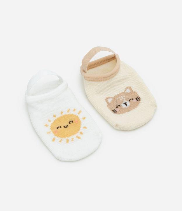Kit 02 Meias Infantis Sapatilha com Antiderrapante Gato e Coelho - Tam 0 a 12 meses - 1