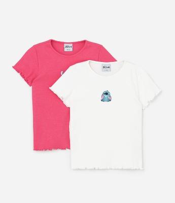Kit 02 Camisetas Regulares Infantis em Ribana com Estampa Stitch e Angel - Tam 5 a 14 Anos