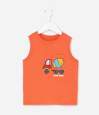 Camiseta Regata Infantil com Bolsinho Estampado de Trator Tam - 1 a 6 Anos