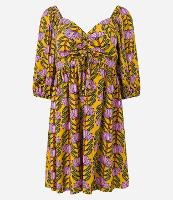 Vestido Curto em Chalis com Estampa de Bananeiras e Manga Bufante - 1