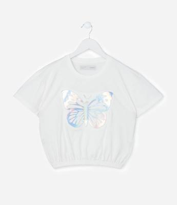 Camiseta Infantil com Estampa Metalizada de Borboleta - Tam 5 a 14 Anos