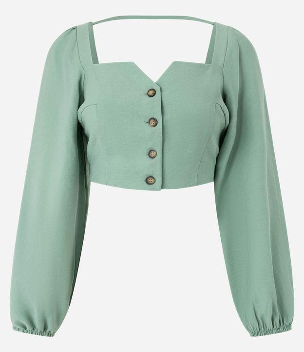 Blusa Cropped Alfaiatada com Mangas Bufantes e Botões Matizados - 1