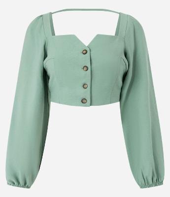 Blusa Cropped Alfaiatada com Mangas Bufantes e Botões Matizados