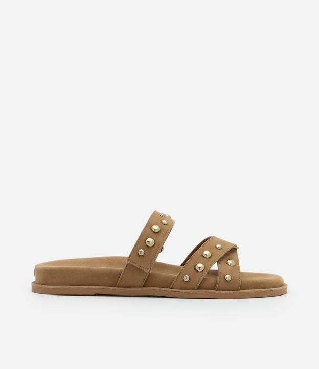 Sandália Rasteira com Efeito Camurça e Tiras com Velcro e Esferas - 1