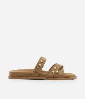 Sandália Rasteira com Efeito Camurça e Tiras com Velcro e Esferas - 1