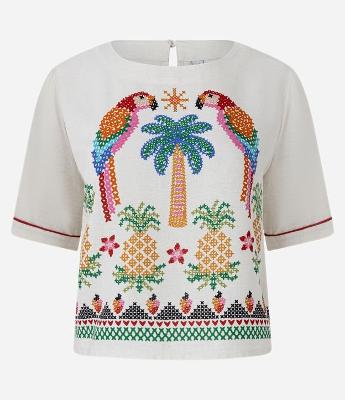 Camiseta Boxy em Viscolinho com Estampa Araras