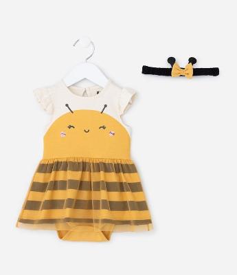 Vestido Body Infantil com Estampa de Abelha - Tam RN a 24 Meses