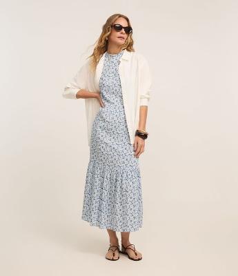 Vestido Evasê Longo em Viscose com Estampa Geométrica