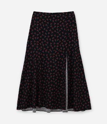 Saia Midi em Crepe com Cerejinhas e Fenda Curve & Plus Size