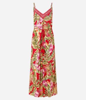 Macacão Pantalona em Chalis com Estampa de Folhagem e Cinto Corda