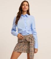 Saia Curta Evasê Alfaiatada com Amarração Frontal Estampa Xadrez - 1