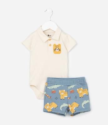 Conjunto Body e Bermuda em Cotton Estampa Bichinhos - Tam  0 a 18 meses