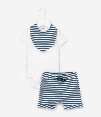 Conjunto Body Bermuda e Babador em Cotton Estampa de Listras - Tam 0 a 18 Meses