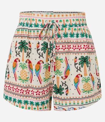 Short Runner com Linho Estampado Tropical Ponto Cruz