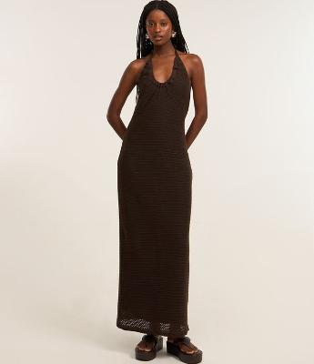 Vestido Longo em Tricô com Decote Frente Única