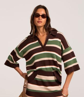 Blusa em Tricô com Gola Polo e Listras Variadas