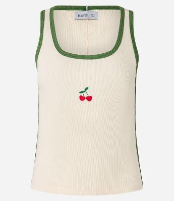 Blusa Regata em Ribana com Cereja Bordada e Viés Contrastantes