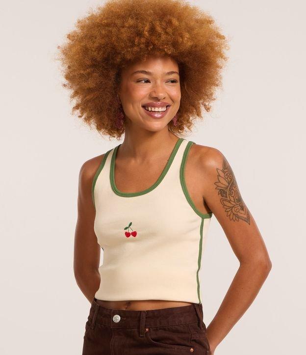 Blusa Regata em Ribana com Cereja Bordada e Viés Contrastantes - 2