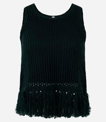 Blusa Regata Cropped em Tricô com Franjas na Barra